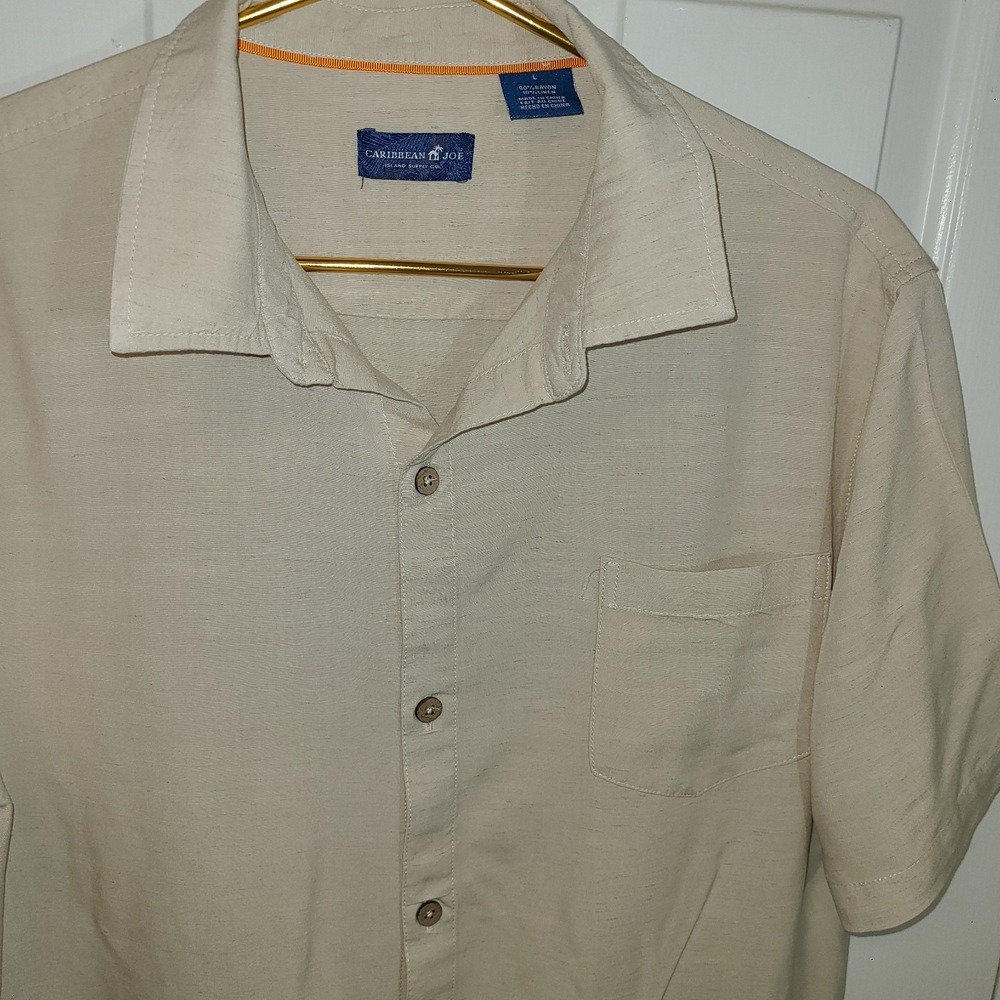 Caribbean Joe Shirt Mens L Beige Tropical Linen Blend Short Sleeve Button Summer